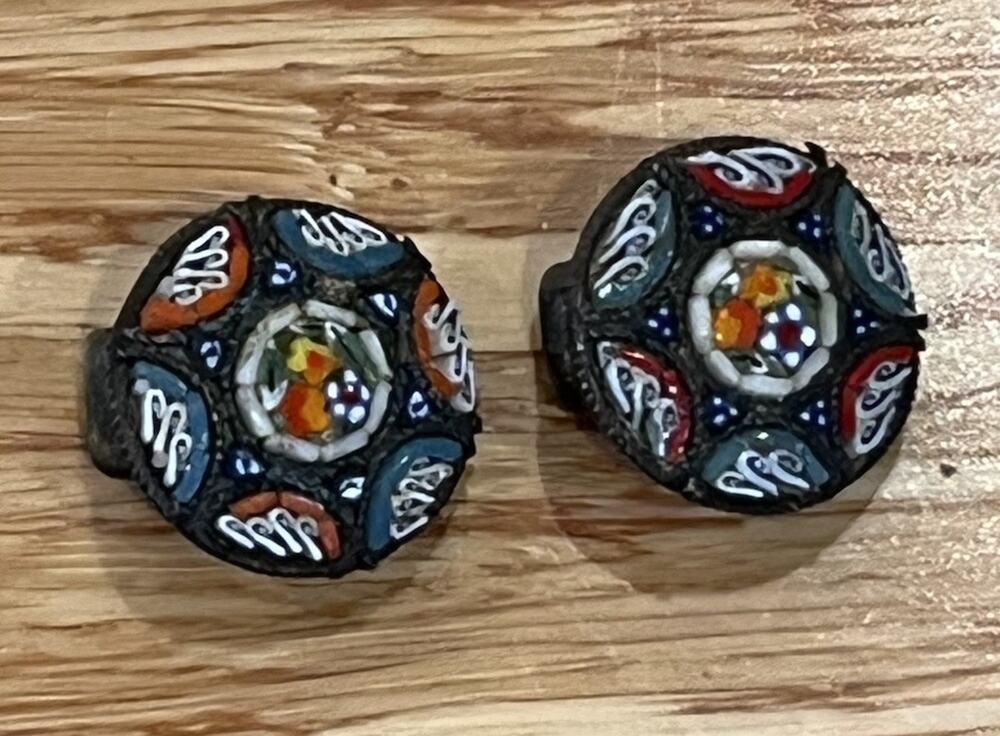 Vintage Micro Mosaic Earrings Round Clip On .75” VGC Colorful